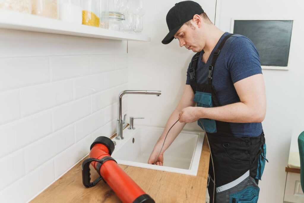 unclogging a drain with a plumber