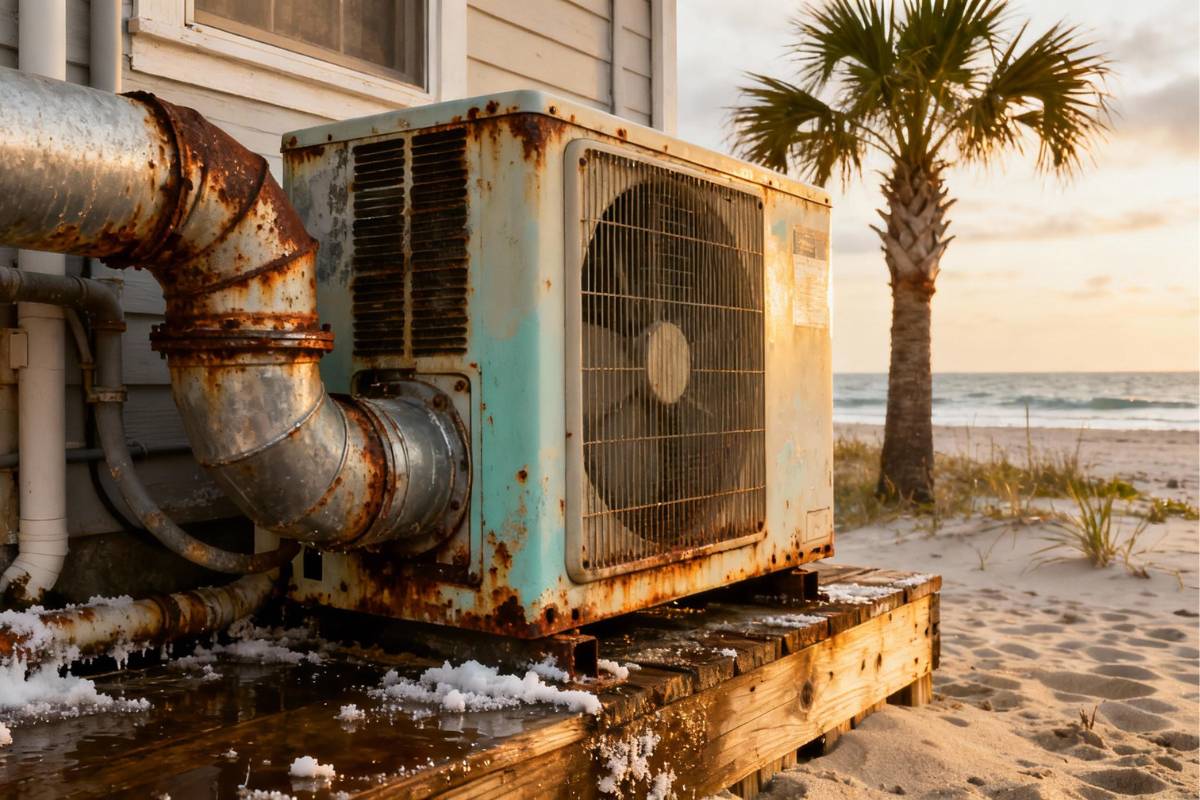 Coastal outdoor HVAC system showing severe corrosion from salt air exposure